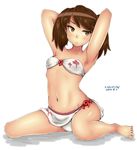  alternate_costume armpits arms_behind_head arms_up bad_id bad_nicoseiga_id bandeau bikini blush brown_eyes brown_hair dated kantai_collection light_frown magatama navel ryuujou_(kantai_collection) sarong short_twintails sitting solo stomach swimsuit tomato_basil_(kawauso) twintails wariza white_background white_bikini 