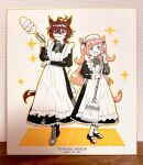  2girls :d agnes_digital_(umamusume) agnes_tachyon_(umamusume) ahoge animal_ears apron artist_name black_bow black_dress black_shoes blue_eyes boots bow bowtie broom brown_boots brown_hair commentary dated dress drooling duster earrings enmaided full_body hair_between_eyes hair_bow hand_up hat highres holding holding_broom holding_duster horse_ears horse_girl horse_tail huge_ahoge jewelry juliet_sleeves lace-up_boots long_hair long_sleeves looking_at_viewer maid maid_apron marker_(medium) medium_hair mob_cap mouth_drool multiple_girls necktie open_mouth outline pink_hair puffy_sleeves red_eyes shikishi shoes short_necktie single_earring smile sparkle sparkling_aura standing tail traditional_media two_side_up umamusume white_apron white_hat yellow_outline yokuko_zaza 