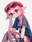  1girl black_gloves black_shirt blush braid closed_mouth eyelashes eyewear_on_head gloves inkling inkling_girl inkling_player_character kodak_painter long_hair looking_at_viewer pink_eyes pink_hair pointy_ears red-framed_eyewear shirt simple_background single_braid sitting smile solo splatoon_(series) sunglasses tentacle_hair thighhighs torn_clothes torn_thighhighs white_background 