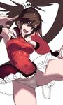  armpits bow bow_panties brown_eyes brown_hair chinese_clothes detached_sleeves fighting_stance guilty_gear hair_ornament kuradoberi_jam miniskirt npa_(sirokurokuma) panties skirt skirt_flip smoke thighs twintails underwear white_panties 