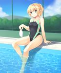  alternate_costume blonde_hair blush competition_swimsuit green_eyes highres isaki_(gomi) looking_at_viewer mizuhashi_parsee one-piece_swimsuit pointy_ears pool poolside short_hair sitting solo swimsuit touhou wet 