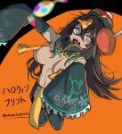  1girl ankodaihuku aqua_eyes aqua_hair arknights bare_shoulders blurry blurry_foreground breasts brown_hair candy chinese_clothes commentary_request dark-skinned_female dark_skin detached_sleeves flint_(arknights) food frilled_sleeves frills hat jiangshi_costume kneeling large_breasts long_hair multicolored_hair navel ofuda ofuda_on_head ofuda_on_nipples open_mouth outstretched_arms pasties qingdai_guanmao revealing_clothes solo streaked_hair teeth tongue twitter_username two-tone_hair upper_teeth_only very_long_hair zombie_pose 