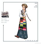  1girl 2023 apron bead_necklace beads black_eyes black_hair blue_dress braid brown_hat chinese_commentary chinese_text commentary_request dress eborel floral_print floral_print_dress full_body fur_hat hand_up hat highres jewelry long_dress low_twin_braids multicolored_apron necklace original parted_lips pendant photo-referenced photo_inset print_dress red_lips red_shoes reference_inset shirt shoes solo standing tibetan_clothes translated twin_braids waist_apron watermark weibo_watermark white_background white_shirt 