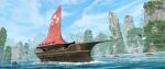  absurdres blue_sky boat building cliff cloud commentary day english_commentary fantasy felixriano flock forest highres island landscape mountain mountainous_horizon nature oar ocean original painterly people rowboat sailing_ship scenery sky water watercraft waves 