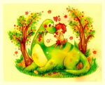  1boy arlo_(the_good_dinosaur) brown_hair closed_eyes commentary_request dinosaur food fruit grass grass_skirt holding holding_food holding_fruit male_focus mouth_hold outdoors painting_(medium) spot_(the_good_dinosaur) the_good_dinosaur topless_male traditional_media tree watercolor_(medium) yukichi_0611 