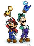  2boys adjusting_clothes adjusting_headwear axelorca blue_overalls boots brothers brown_boots brown_hair crescent facial_hair gloves green_hat green_shirt hat highres luigi lunaris_(mario_&amp;_luigi:_stellar_bonds) mario mario_&amp;_luigi:_stellar_bonds mario_&amp;_luigi_rpg mario_(series) masanori_sato_(style) multiple_boys mustache overalls red_hat red_shirt red_socks shirt short_hair siblings signature simple_background socks star_(symbol) starlow striped_clothes striped_socks two-tone_socks white_background white_gloves white_socks 