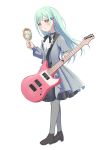  1girl 7-string_guitar bang_dream! bang_dream!_it's_mygo!!!!! black_shoes closed_mouth commentary_request different_reflection earrings electric_guitar extended_range_guitar flower_stand_art green_hair grey_jacket grey_pantyhose grey_skirt guitar guitar_strap highres holding holding_guitar holding_instrument holding_mirror instrument jacket jewelry long_hair mirror mortis_(bang_dream!) mortis_(costume)_(bang_dream!) mortis_(persona)_(bang_dream!) pantyhose reflection sandman_(gm4zfijcwbz3g4y) shoes simple_background skirt wakaba_mutsumi white_background yellow_eyes 