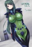  1girl arms_behind_back blue_eyes bodysuit breasts commentary_request commission covered_navel cureecoolan fortified_suit green_bodysuit green_hair hallway highres japanese_flag kazama_touko large_breasts long_hair looking_at_viewer mecha_pilot_suit muv-luv muv-luv_alternative science_fiction second-party_source skeb_commission skin_tight smile solo 