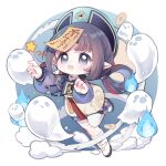  1girl absurdres aqua_choker aqua_hat bandaged_leg bandages bead_necklace beads black_hair black_hat blue_background blue_boots blue_shirt boots border chibi chinese_clothes chinese_commentary choker coin commentary_request dot_nose eyelashes fang full_body ghost gold_coin grey_eyes hair_ribbon hair_rings happy hat highres hitodama holed_coin infinity_nikki jewelry jiangshi lace-up_boots leaning_forward leg_up light_blush light_particles long_hair long_sleeves mismatched_boots moon necklace nighttime_whisper_(infinity_nikki) nikki_(series) nuli_de_chengzhi_er ofuda ofuda_on_head open_mouth outside_border outstretched_arms pointy_ears prayer_beads puffy_long_sleeves puffy_sleeves qingdai_guanmao red_ribbon ribbon romper round_border see-through_clothes see-through_sleeves shirt smile smoke solo tareme tress_ribbon two-tone_headwear white_boots white_border white_romper zombie_pose 