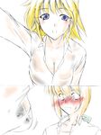  1boy 1girl artist_request black_bra blonde_hair blue_eyes blush bra character_request earring earrings hair_ribbon jewelry long_hair lyrical_nanoha mahou_shoujo_lyrical_nanoha ponytail ribbon shirt short_hair underwear wet wet_clothes yuuno_scrya 