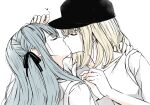  2girls bang_dream! bang_dream!_it's_mygo!!!!! baseball_cap black_hat black_ribbon blonde_hair blue_hair closed_eyes commentary hair_ribbon hashtag-only_commentary hat highres kiss long_hair medium_hair miomujica misumi_uika multiple_girls ribbon shirt sidelocks simple_background togawa_sakiko white_background white_shirt yuri 