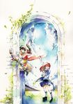  1girl blue_sky broom broom_riding brown_hair eye_contact flying glasses harry_potter james_potter lily_evans long_hair looking_at_another necktie plant red_hair school_uniform skirt sky smile stone_wall traditional_media vines wall watercolor_(medium) younger 