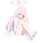  1girl angel_wings bikini blue_archive choker commentary_request feathered_wings frilled_bikini frills halo highres hugging_own_legs knees_up krrk long_hair looking_at_viewer low_wings mika_(blue_archive) mika_(swimsuit)_(blue_archive) official_alternate_costume official_alternate_hairstyle pink_hair pink_halo sitting smile solo swimsuit white_background white_bikini white_choker white_wings wing_ornament wings 