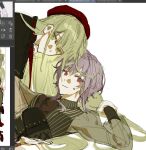  2girls amoris_(bang_dream!) art_program_in_frame bang_dream! bang_dream!_it's_mygo!!!!! beret commentary hat long_hair long_sleeves mortis_(bang_dream!) mortis_(costume)_(bang_dream!) multiple_girls pink_eyes purple_hair red_hat sanguinegaze see-through_clothes see-through_sleeves short_hair simple_background sweatdrop wakaba_mutsumi white_background yellow_eyes yuri yuutenji_nyamu 