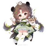  1girl absurdres ahoge animal_earrings animal_ears apron asymmetrical_sleeves bamboo bamboo_hair_ornament bamboo_shadow_(miracle_nikki) black_shoes black_sleeves bloomers blunt_bangs bow bow_legwear bowl bowtie braid brown_eyes brown_hair chibi chinese_commentary chopsticks commentary_request dot_nose eyelashes frilled_skirt frills fur-trimmed_shirt fur_trim green_bag green_bow green_bowtie green_skirt grey_apron hair_bow hair_ornament hairclip happy heart highres holding holding_bowl holding_chopsticks leaf leg_warmers light_blush light_particles long_hair long_sleeves looking_at_viewer low_twin_braids miniskirt miracle_nikki mismatched_sleeves multi-tied_hair nikki_(series) nuli_de_chengzhi_er open_mouth panda_earrings panda_ears panda_girl panda_hair_ornament parallel_hairclips parted_bangs pleated_skirt puffy_long_sleeves puffy_sleeves shirt shoes simple_background skirt smile solo sparkle tareme twin_braids very_long_hair waist_apron waist_bag watermark weibo_watermark white_background white_bloomers white_leg_warmers white_shirt white_sleeves 