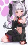  1girl absurdres animal_ear_fluff animal_ears black_shirt black_skirt blush bow breasts cat_ears cat_tail commentary_request fang grey_hair highres hololive kaju_paint looking_at_viewer murasaki_shion murasaki_shion_(gothic_lolita) navel official_alternate_costume open_mouth paw_pose paw_print paw_print_background shirt skin_fang skirt small_breasts solo tail tail_bow tail_ornament virtual_youtuber yellow_eyes 
