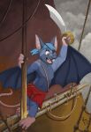 anthro artist_logo bat blue_body blue_fur bottomwear brown_eyes clothed clothing detailed_background eye_patch eyewear fur glistening glistening_eyes hi_res holding_melee_weapon holding_object holding_sword holding_weapon logo male male_anthro mammal mast melee_weapon membrane_(anatomy) membranous_wings navel open_mouth pandapaco pink_inner_ear pink_tongue pirate red_bottomwear red_clothing red_shorts sail shorts signature sky solo sword teeth tongue topless torn_bottomwear torn_clothing torn_shorts weapon whiskers wings
