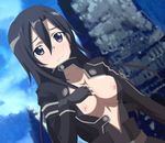  black_eyes black_hair blush breasts genderswap genderswap_(mtf) highres kirito kirito_(sao-ggo) long_hair medium_breasts nipples open_clothes open_shirt shirt sword_art_online yusyakandenti 