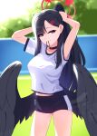  1girl absurdres ahoge alternate_costume black_choker black_hair black_wings blue_archive blue_eyes breasts choker commentary gym_uniform hair_tie hair_tie_in_mouth halo highres ichika_(blue_archive) long_hair mouth_hold ponytail solo tost_(cloi123) unusually_open_eyes watermark wings 