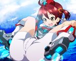  ass bike_shorts blush brown_eyes cameltoe hair_ornament hair_scrunchie impossible_clothes isshiki_akane open_mouth palette_suit red_hair scrunchie short_hair shorts smile solo spread_legs twintails vividred_operation 