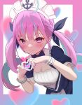  1girl absurdres ahoge blue_bow blue_dress blue_nails blue_streaks blush bow closed_mouth commentary_request dress four-finger_heart_hands hair_bow heart heart_hands highres hololive kaju_paint long_hair looking_at_viewer maid maid_headdress minato_aqua minato_aqua_(1st_costume) multicolored_hair nail_polish pink_hair purple_eyes smile solo streaked_hair twintails virtual_youtuber white_headdress 