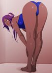  1girl ass barefoot bent_over bleach blush breasts cameltoe clothed_navel dark_skin flexible highleg_swimsuit large_breasts legs lime_(purple_haze) long_hair looking_at_viewer looking_back one-piece_swimsuit ponytail purple_hair shihouin_yoruichi shiny shiny_skin skin_tight solo swimsuit yellow_eyes 