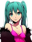  aqua_eyes aqua_hair bare_shoulders camisole collarbone expressionless fur_trim hatsune_miku long_hair looking_at_viewer off_shoulder parted_lips simple_background solo twintails upper_body vocaloid white_background wonoco0916 