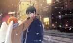  2boys androgynous angel angel_devil_(chainsaw_man) angel_wings black_hair blue_coat blue_eyes blue_scarf brown_coat brown_scarf chainsaw_man city coat cold commentary_request earrings eye_contact facing_another feathered_wings from_side glowing glowing_halo halo hands_on_another's_cheeks hands_on_another's_face hayakawa_aki height_difference highres jewelry kga_aee korean_commentary lamppost long_hair looking_at_another male_focus mittens multiple_boys outdoors power_lines red_hair red_mittens red_nose road scarf signature snow snowflakes snowing street stud_earrings topknot traditional_halo white_wings wings yaoi 