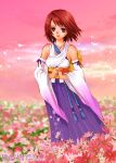  1girl 2001 artist_name bad_id bare_shoulders bikini bikini_under_clothes black_bikini blue_eyes bracelet breasts brown_hair commentary_request copyright_name dated detached_sleeves field final_fantasy final_fantasy_x flower flower_field gradient_sleeves green_eyes hakama hakama_skirt heterochromia in-universe_location japanese_clothes jewelry kimono long_sleeves lowres medium_breasts necklace obi obijime own_hands_together pink_flower pink_sky pinky_ring purple_hakama purple_ribbon pyrefly red_flower ribbon ring saikachi_(ogre_tree) sash short_hair skirt sky sleeve_ribbon solo standing swimsuit white_kimono wide_sleeves yellow_sash yuna_(ff10) 