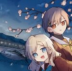  2girls :d blue_eyes blue_neckerchief blue_sky brown_dress ceras_yanagida_lilienfeld cherry_blossoms closed_mouth commentary derivative_work dress dutch_angle grey_hair hasu_no_sora_school_uniform haz jellyfish_cut katsuragi_izumi link!_like!_love_live! long_hair long_sleeves looking_at_viewer love_live! multiple_girls neckerchief night orange_eyes sailor_collar sailor_dress school_uniform selfie skipjack_tuna sky slit_pupils smile split_mouth star_(sky) starry_sky tuna virtual_youtuber white_sailor_collar winter_uniform yellow_neckerchief 