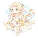  1girl absurdres animal_on_shoulder ballet_slippers bird bird_on_shoulder blonde_hair blue_sky border bow cape chibi chinese_commentary circlet cloud collared_dress colored_eyelashes commentary_request dot_nose dress earrings feather_earrings feathers floating_hair forehead gold_circlet golden_buds_(infinity_nikki) green_eyes hair_bow happy high_collar highres holding holding_instrument holding_lyre infinity_nikki instrument jewelry leg_ribbon leg_up light_blush long_hair looking_ahead lyre miniskirt music musical_note musical_note_print musical_staff nikki_(series) nuli_de_chengzhi_er open_mouth outside_border petals pleated_skirt print_dress ribbon round_border sheet_music shoes singing skirt skirt_hold skirt_under_dress sky sleeveless sleeveless_dress solo tailcoat tareme very_long_hair white_border white_bow white_cape white_skirt white_wrist_cuffs wrist_cuffs yellow_bird yellow_dress yellow_ribbon yellow_shoes 