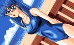 1girl 4bpp beach blue_eyes blue_hair breasts game_cg glasses hoshi_no_suna_monogatari_3 long_hair looking_at_viewer oldschool one-piece_swimsuit outdoors pc98 sky solo swimsuit 