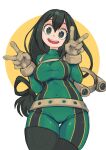 1girl :d absurdres asui_tsuyu black_hair bodysuit boku_no_hero_academia breasts brown_gloves contrapposto covered_nipples cowboy_shot double_v gloves green_bodysuit green_eyes hair_between_eyes hair_rings hands_up hashtag-only_commentary highres long_hair looking_at_viewer low-tied_long_hair okera simple_background smile solo standing thigh_gap v white_background 