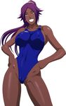  1girl bleach breasts cameltoe clothed_navel dark_skin erect_nipples grin hands_on_hips highleg highleg_swimsuit large_breasts lime_(purple_haze) long_hair looking_at_viewer nipples one-piece_swimsuit ponytail purple_hair shihouin_yoruichi shiny shiny_skin simple_background skin_tight smile solo swimsuit thigh_gap white_background yellow_eyes 