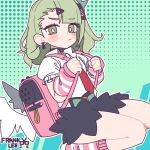  1girl arm_warmers artist_name black_skirt blush breasts bright_pupils chinatsu_remiel closed_mouth collar commentary dotted_background earrings english_commentary frank_lee_(dfgh132) from_side fur-trimmed_skirt fur_trim green_background green_eyes green_hair hair_ornament highres jewelry leg_warmers looking_at_viewer multiple_hair_clips musical_note_earrings necktie pink_arm_warmers pink_bag pink_leg_warmers red_necktie shirt skirt small_breasts solo striped_arm_warmers striped_leg_warmers triangle_hair_ornament white_pupils white_shirt white_wings winged_bag wings zenless_zone_zero 