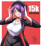  1girl absurdres black_choker black_hat black_jacket black_pants blush border breasts choker collarbone commentary cowboy_shot cross cross_choker dilan_griz english_commentary eyebrow_piercing face_piercing hair_over_one_eye hands_up hat highres jacket large_breasts lip_piercing long_sleeves looking_at_viewer multicolored_hair nose_piercing one_eye_covered open_clothes open_jacket orange_eyes orange_streaks original outside_border pants parted_bangs piercing purple_hair queen_(dilan_griz) red_background shirt short_hair smile solo streaked_hair white_border white_shirt 