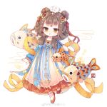  1girl :o absurdres animal_on_head beads blue_sleeves blunt_bangs bow brown_hair chibi chinese_clothes chinese_commentary commentary_request crescent crescent_hair_ornament dot_nose double_bun eyelashes facial_mark fireflies flats flower_facial_mark flower_symbol forehead_mark hagoromo hair_beads hair_bow hair_bun hair_ornament hair_ribbon hair_rings hair_tie hanfu highres koinobori light_blush long_hair long_sleeves looking_at_viewer loose_hair_strand miracle_nikki nikki_(series) nuli_de_chengzhi_er on_head open_mouth peaceful_night_(miracle_nikki) puffy_long_sleeves puffy_sleeves rabbit rabbit_on_head red_bow red_hanfu red_ribbon red_shoes ribbon shawl shoes signature simple_background solo standing striped_bow striped_ribbon tassel watermark weibo_watermark white_background windsock yellow_eyes 