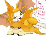  &lt;3 blue_eyes blush crossover cute digimon duo dust:_an_elysian_tail embarrassed english_text fangs female fidget fur green_eyes male nimbat orange_fur patamon plain_background taunting teasing text unknown_artist video_games white_background 