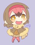  1girl blush_stickers boots brown_hair cape chibi chibi_only commentary_request dodo_(kemono_friends) extyrannomon full_body fur-trimmed_cape fur_trim hairband kemono_friends lace-up_boots multicolored_hair open_mouth pantyhose pleated_skirt purple_background red_hair short_hair signature skirt smile smug solo yellow_eyes 