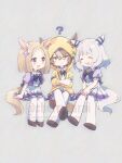  3girls ? animal_ears arai_cherry blonde_hair blush bow bowtie breasts brown_hair closed_eyes closed_mouth deformed dicta_striker_(umamusume) ear_covers ear_ornament ears_through_headwear ears_through_hood grey_hair hair_between_eyes highres hishi_miracle_(umamusume) hood hooded_jacket hoodie horse_ears horse_girl horse_tail jacket long_sleeves medium_breasts medium_hair multicolored_hair multiple_girls narita_top_road_(umamusume) open_mouth pleated_skirt puffy_short_sleeves puffy_sleeves purple_bow purple_bowtie purple_eyes purple_shirt sailor_collar sailor_shirt school_uniform shirt short_hair short_sleeves simple_background single_ear_cover skirt smile streaked_hair tail thighhighs tongue tongue_out tracen_school_uniform umamusume umamusume:_cinderella_gray white_hair white_sailor_collar white_skirt white_thighhighs yellow_eyes yellow_hood yellow_hoodie yellow_jacket 