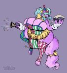 2025 accessory anthro big_breasts big_bulge bodily_fluids bottomwear bow_tie breasts bulge canid canine canis clothing clown cum cum_in_clothing cum_through_clothing digital_media_(artwork) fingerless_gloves food fur furgonomics genital_fluids gloves green_hair grey_background gynomorph hair handwear hat headgear headwear hi_res holding_food holding_object holding_pie huge_breasts intersex keffotin legwear mammal marcie_(keffotin) pastry pattern_clothing pattern_legwear pattern_stockings pawpads pie pink_body pink_fur ribbons simple_background skirt smile solo stockings striped_clothing striped_legwear striped_stockings stripes tail tail_accessory tail_ribbon trans_(lore) trans_woman_(lore) wet wet_clothing wolf