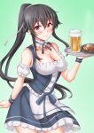  1girl alcohol alternate_costume anti_(untea9) apron barmaid beer beer_mug black_hair blush bodice breasts cleavage commentary_request cup dirndl dress food german_clothes green_background highres kantai_collection long_hair looking_at_another looking_at_viewer medium_breasts mug plate ponytail potato red_eyes rice sausage smile solo tray waitress yahagi_(kancolle) 