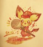  blush bright_pupils clothed_pokemon commentary_request english_text full_body hat highres jacket microphone musical_staff open_mouth painting_(medium) pants pichu pokemon pokemon_(creature) solo striped_clothes striped_jacket striped_pants traditional_media treble_clef watercolor_(medium) white_pupils yukichi_0611 