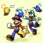  ... 2boys alternate_costume axelorca blue_overalls boots brown_boots brown_hair commentary crescent english_commentary facial_hair gloves green_background green_hat green_shirt hat luigi lunaris_(mario_&amp;_luigi:_stellar_bonds) mario mario_&amp;_luigi:_stellar_bonds mario_&amp;_luigi_rpg mario_(series) multiple_boys mustache open_mouth overalls power_moon red_hat red_shirt shirt short_hair simple_background star_(symbol) starlow super_star_(mario) teeth upper_teeth_only white_gloves 
