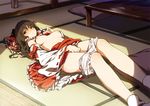  bad_id bad_pixiv_id bloomers bloomers_pull breasts brown_eyes brown_hair detached_sleeves hair_ribbon hakurei_reimu long_hair looking_at_viewer lying masturbation medium_breasts nipples no_bra on_back open_clothes panties panties_under_bloomers panty_pull ribbon ribbon-trimmed_sleeves ribbon_trim saitou_masatsugu shirt_lift skirt socks solo tatami touhou underwear white_bloomers white_legwear 