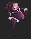  black_background black_legwear dress emily_stock full_body long_hair long_sleeves mary_janes one_side_up original pantyhose parted_lips pink_eyes pink_hair red_eyes red_hair ririko_(zhuoyandesailaer) scythe shoes simple_background smile solo thighband_pantyhose 