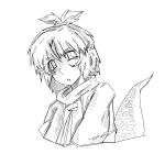  1other adagumo_no_saragimaru androgynous blush chinese_commentary collared_capelet commentary_request cropped_torso double-parted_bangs fang flustered greyscale hair_between_eyes hair_ornament head_tilt high_ponytail highres len'en looking_at_viewer monochrome neck_ribbon open_mouth other_focus ponytail ribbon scales short_hair short_ponytail simple_background snake_hair_ornament snake_tail solo tail white_background wuliaoboring 