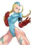  absurdres aqua_hat aqua_leotard armband black_armband bodypaint braid cammy_white commentary_request fingerless_gloves garrison_cap gloves hat highleg highleg_leotard highres leotard lightning_bolt_symbol low_twin_braids low_twintails red_gloves ribbed_leotard shadaloo_dolls simple_background sleeved_leotard street_fighter street_fighter_zero_(series) thong_leotard turtleneck turtleneck_leotard twin_braids twintails white_background zerosentakuki 