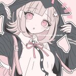  1girl :o blush breasts brown_hair collared_shirt danganronpa_(series) danganronpa_2:_goodbye_despair flipped_hair hair_ornament hood hood_up jacket komanami_kawaii long_sleeves looking_at_viewer medium_hair nanami_chiaki neck_ribbon open_clothes open_jacket pink_bag pink_eyes pink_ribbon ribbon shirt solo two-tone_shirt white_shirt 