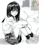  1girl bl0bfishnell blush commentary english_commentary greyscale highres hugging_own_legs injury kneehighs long_hair monochrome original pleated_skirt scar school_uniform shoes sitting skirt sneakers socks 
